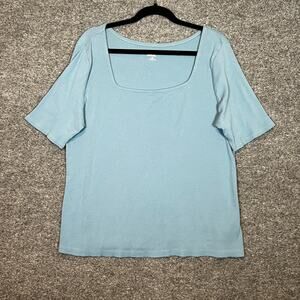 Lands End Shirt Womens 1X Blue Short Sleeve Tshirt Square Neck Plus Size Stretch